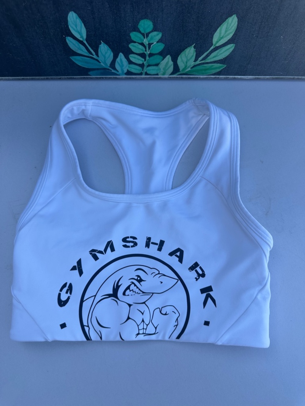 Gymshark White Racerback Sports Bra with Black Logo Shark Graphic